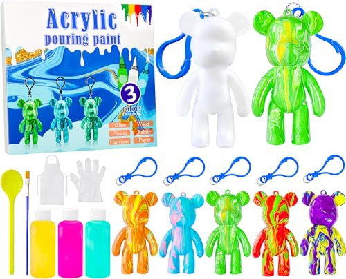 Kit manualidades para pintar - 5 figuras para personalizar tipo llavero de oso con pinturas fluidas y materiales para pintar. Regalo original para compartir y actividad creativa y artística.