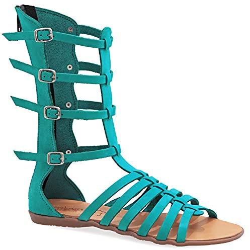 Size 8 Turquoise Emmanuela Ancient Greek Style Handmade Leather Gladiator Sandals, Quality Calf High Sandals with Rear Zipper at Shaft, Strappy Summer Flat Shoes for Women