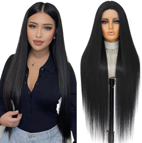 PORSMEER Lace Front Perücken Schwarz Lange Glatt Perrücke für Frauen Afro Natürlich Synthetisches Haar Mittelteil Glueless Volle Wig Party/Kostüm