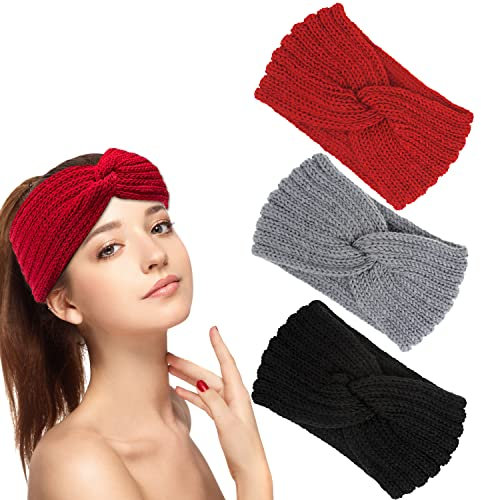 Stirnband Damen Winter, 3 Stück Stirnbänder Strick, Haarbänder Mädchen, Haarband Ohrenwärmer Elastische, Kopfband Stirnband Frauen (Schwarz, Grau und Rot）
