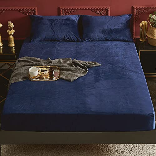 Michorinee Warme Fleece Spannbettlaken 160x200cm Cashmere Touch Kuschelig Flauschig Plüsch Flanell Bettlaken Spannbetttuch für Boxspringbett Topper Matratze bis 30 cm Hohe Dunkelblau