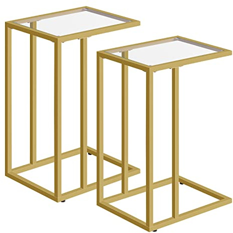 HOOBRO C Shaped End Table, Set of 2, Glass Side Table with Metal Frame