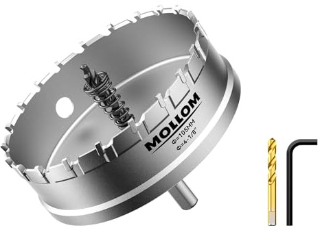 Mollom 4-1/8 (105mm) Scie à trou carbure 2 mèches pilotes incluses | Coupe-trous qualité industrielle pour acier inoxydable, acier doux, fer, cuivre, laiton, aluminium, plastique