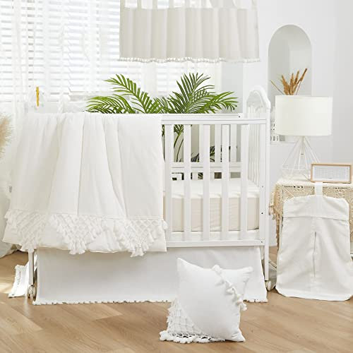 Brandream Baby-Bettwäsche-Set für Mädchen und Jungen, 100 % Baumwolle, geschlechtsneutral, Boho-Stil, einfarbig, weiß, Bauernhaus-Chic, Unisex, minimalistische Quaste, Fransen, Makramee, 6-teilig