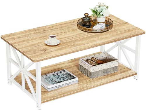 GreenForest Mesa de Centro con 2 Estantes, 100cm Mesa de Café con Redonda, Tablero de Estilo de Moderno en Macro de para la Salón, Beige