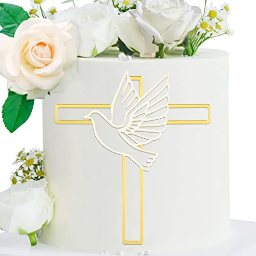 Décoration de Gâteau en Acrylique Forme Croix Or avec Pigeon Blanc Gâteau Topper Personnalisée Décoration de Table pour Baptême Communion Confirmation Mariage Anniversaire Fête