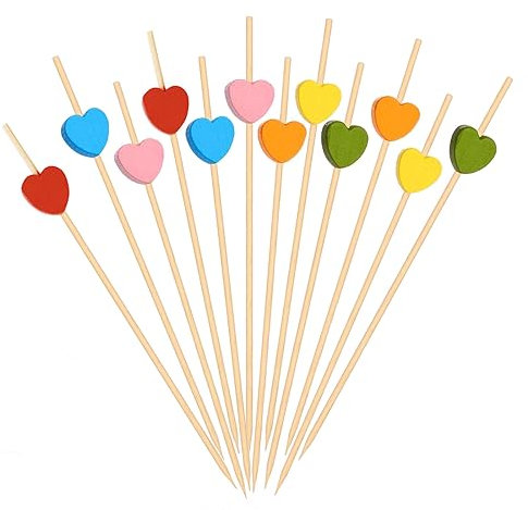Catelves Holzspieße 100 Stück Cocktailspieße,12 cm Cocktail Picks Herzen Holz Zahnstocher,Mehrfarbig Fingerfood Spieße,12 cm Herzen Cocktail Sticks Obstspieße,Cocktail Spieße für Kuchen,Party,Hochzeit