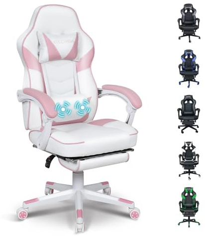 Fullwatt Gaming Stuhl Ergonomisch Racing Stuhl Massage mit Fußstütze | 90-150° Rückenlehne Verstellbar, mit Abnehmbare Kopfstütze Lendenkissen, PU Leder