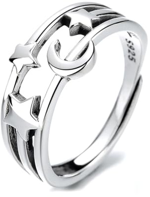 IMINI Crescent Moon Star Open Eternity Promise Rings Sterling Silver 925 Adjustable Vintage Layered Statement Stacking Engagement Ring Finger Band Fashion Jewelry Gifts for Women Girls BFF