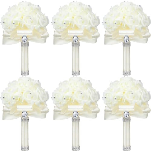 Jutom 10 Pack Wedding Bouquets for Bride Roses Bridesmaid Bouquet Bridal Bouquet Flowers Wedding Hand Holding Bouquet with Diamond Soft Ribbons for Engagement Bridal Shower Church Party (Cream)