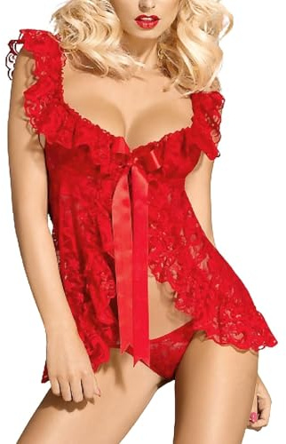 Women's Sexy Babydoll Lingerie See Through Lace Dress Set with G-String, V Neck Chemise Nighties Open Front Nightwear Floral Lace Nightdress Strap Negligee Bow Underwear Sleepwear Nightgown (Red)