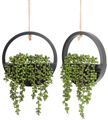 Floweroyal 2pcs Artificial Succulents Hanging Plants 12.2'' Fake String of Pearls in Pot with 8.3'' Lanyard for Indoor Outdoor Wall Decor (Black).