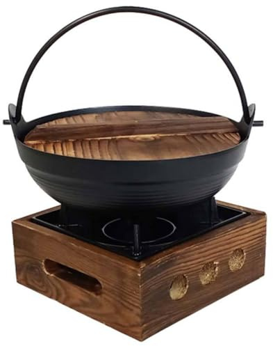 TOPBATHY Marmite Japonaise Sukiyaki en Fonte Petite Taille avec Support en Bois, Cuisson Rapide et Uniforme, Résistante Haute Température, pour Maison et Camping, Ensemble Complet Suspendu