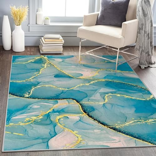 Waschbar in Waschmaschine Wohnzimmer Teppich Blau Marmor 70x140 Kurzflor Teppich Schlafzimmer, Türkis Teppich Gegend Dünn Bettvorleger Saugfähig für Jugendzimmer Jungen Mädchen