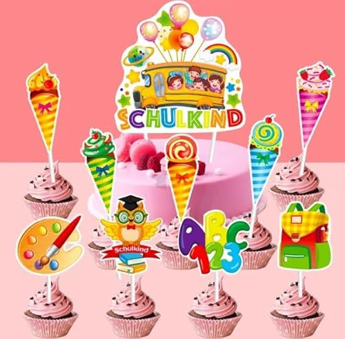 19 Stück Schulanfang Tortendeko, Einschulung Cupcake Topper Schuleinführung Kuchendekoration ABC 123 Zuckertüte Fondant für Schulkind Schulanfang 1. Schultag Einschulungsfeier Junge Mädchen
