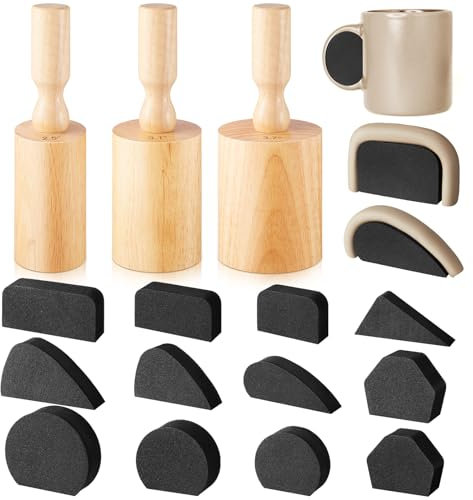 Juexica 3 moldes de cerámica para tazas de 2.5 pulgadas, 3.1 pulgadas, 3.7 pulgadas, moldes de yeso con 12 moldes de mango de taza, herramienta de moldeo de cerámica, molde de prensa de madera, moldes