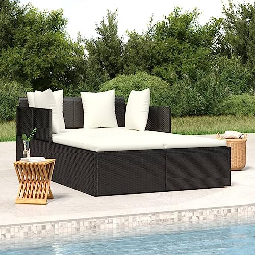 Festnight Doppelliege Outdoor 2 Personen Doppel Gartenliege Rattan Sonnenliege Sonnenbett Loungebett Gartenbett mit Auflage Liege Outdoor Rattanliege Liegestuhl Garten