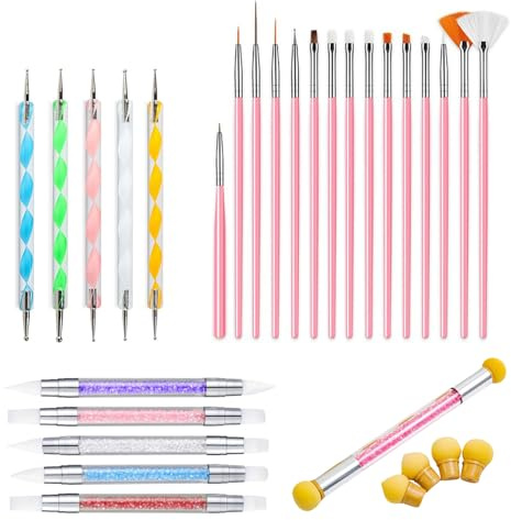 BDSHUNBF 26 Stück Nagel Pinsel Set Dotting Tools Doppelter Kopf Silikon Nagel Pinsel Nail Art Rendering-Werkzeuge inkl 4 Ersatzköpfe, Gel Schnitzen Pinsel Sponge Brush Applikator Maniküre Werkzeuge