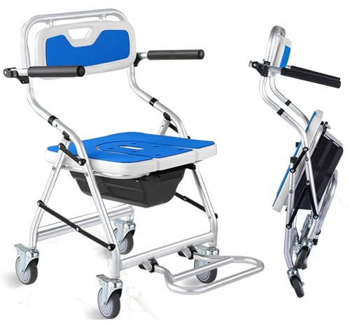 Joyfitness Sedia da Doccia Pieghevole con Secchio tiolet, Comoda Mobile con Ruote sopra la Sedia da Toilette, Sedia a rotelle per Allattamento Multifunzionale con Ruote