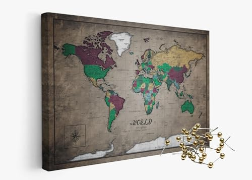 framed concept | Weltkarte mit Pinnnadeln | Handgefertigte Wanddekoration mit 50 goldenen Pins | Einzigartige Geschenkidee