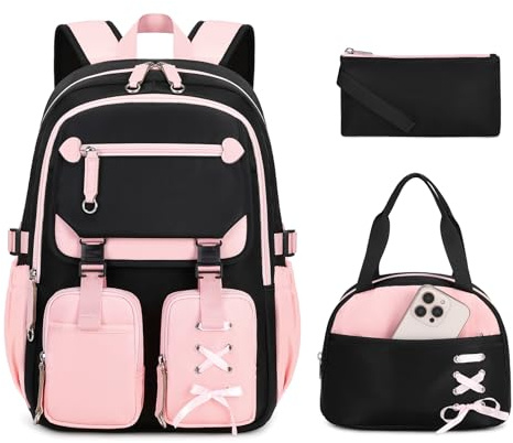 MOONBABY Girls Backpack with Lunch Box & Pencil Case for Kids Teens 3PCS Bookbag Set for Elementary Primary Middle High School Daypack（Pink-3pcs