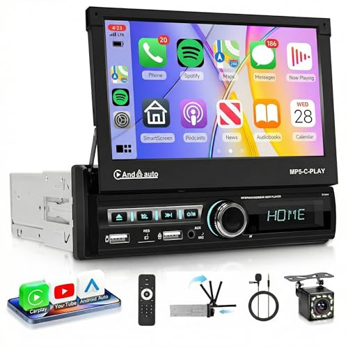 Wireless Carplay Autoradio 1 Din mit You-Tube Wireless Android Auto 7 Zoll Automatisch Einziehbarer Bildschirm Radio mit Mirror Link Bluetooth FM Radio USB/EQ/AUX/MIC Lenkradsteuerung Rückfahrkamera