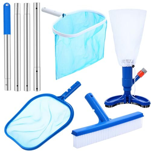 Tioncy 5 Pcs Jet Pool Vacuum Cleaning Kit with Skimmer Nets, Pool Brush and 47 Long Pole Adjustable for Above Ground Ponds Hot Tub Spa Wall Floor Cleaning, Easy to Set up