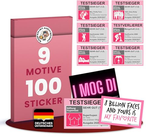 Testsieger Malle Sticker Set Pink 100 Stück – Lustige Mallorca Party Aufkleber & Flirt Sticker – Festival Gadgets, Party Gadgets, JGA, Stickerset Aufkleberset, Vinyl wasserfest, jedes Motiv 11–12x