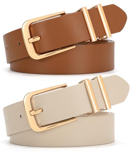 VONMELLI Damen Gürtel 2 Stück–Schmaler 2.5cm Ledergürtel mit Goldschnalle für Jeans Kleider & Business Outfit(Schwarz/Braun)