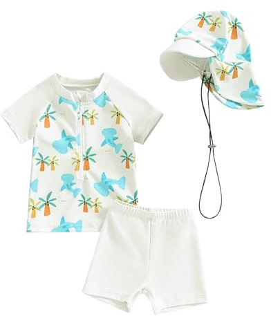 WYTbaby Traje de baño de bebé de dos piezas, ropa de protección UV de manga corta para bebé niño con sombrero para el sol, Blanco, 0-3 meses