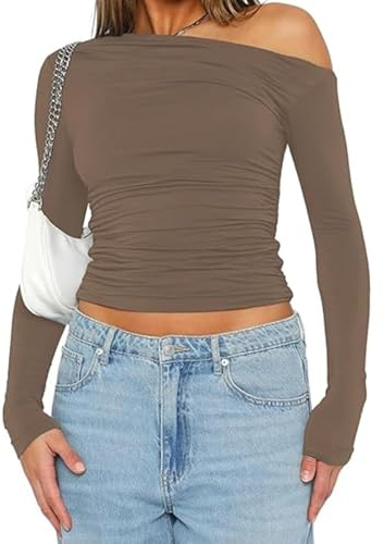 OOHOKAY Maglia a maniche lunghe da donna con spalle scoperte, classica, basic Tshirt Crop Tops Y2K Slim Fit Top Casual Shoulder Streetwear, Braun-j, XL