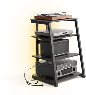 FITUEYES Design HiFi Rack aus Holz, Plattenspieler Tisch mit LED-Lichtern und Steckdosen, HiFi Regal mit verstellbaren Ablagen für Plattenspieler & Stereoanlagen & Kompaktanlage, 61 x 52 x 78 cm