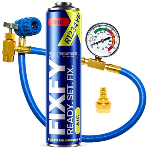 FIXFY 5 en 1 – Kit de autollenado de aire acondicionado para vehículos a partir de 2017 | Refrigerante de repuesto R1234YF con aceite, sellador, desecante y tinte UV, incluye manguera con manómetro y