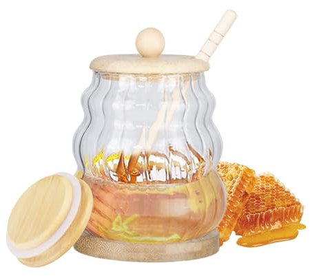 Cosmeria Dosatore per Miele con Vaso da 15 Once e Coperchio, Barattolo di Miele in Vetro Senza Gocce con Supporto e Cucchiaio in Legno, Perfetto Come Regalo