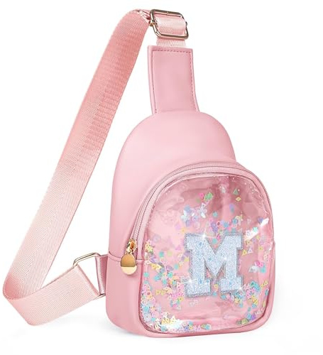 COSHAYSOO Pink Toddler Girls Purse Birthday Gifts Age 1-3 2-3 2-4 3-5 4-6 5-7 Little Girl Kids Sling Bag Cross Body Clear Pouch, Cute Fun Pre-k Kindergarten Childrens Presents Initial Letter M