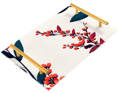 Plateau alimentaire décoratif avec poignées - Motif fleurs minimalistes - Rouge - Grand plateau de service pour bijoux et parfums - Pour service de chambre - Bandeja para servir comida