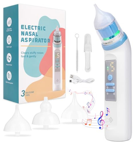 Nasensauger Baby, Nasensauger Baby Elektrisch, Elektrischer Nasensauger Baby Staubsauger Wiederaufladbar Mit 5 Saugstärken Musik & Licht Funktion Und 3 Größen Silikon Tipps Nasal Aspirator Baby