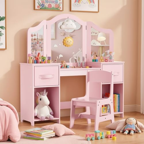 Clevich Toeletta per Bambini in Legno, Con Specchio Staccabile, Cassetti in Tessuto e Sedia, Scrivania per Bambini Robusta, Toeletta Trucco 2 in 1 per Bambina per 3 Anni, 108x30x114 cm (Rosa)