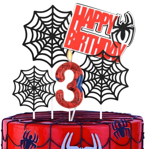 HOTUT Spider Number Birthday Candles,Spider Theme Party Number 3 Candles Decoration,Blue Red Candles with Spider Web for Boys Girls Birthday Party Graduation Party Halloween Decorations