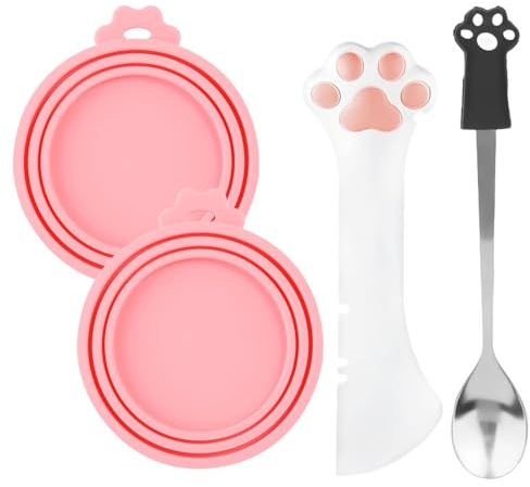 lasuroa 4pcs Dog Cat Food Spoon & Tin Lid, Silicone Can Opener Tool with Stainless Steel Wet Food Scoop and Can Covers, Pet Foods Storage & Feeding Accessories for Cats and Dogs (Pink, White, Black)