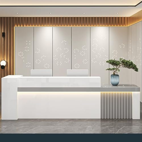 Snaweo Empfangstheke mit LED-Beleuchtung, Thekentisch für Rezeptionstheke, Lobbys, Schönheitssalons, Einzelhandel, große Empfangstresen für Geschäfte, Kliniken, Büros(White+Gray R,140cm/55in)