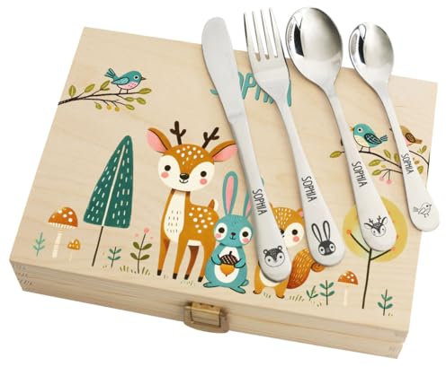 Couverts enfant personnalisés avec coffret imprimé - Motif Forêt enchantée - Cadeau de naissance, cadeau anniversaire, cadeau baptême