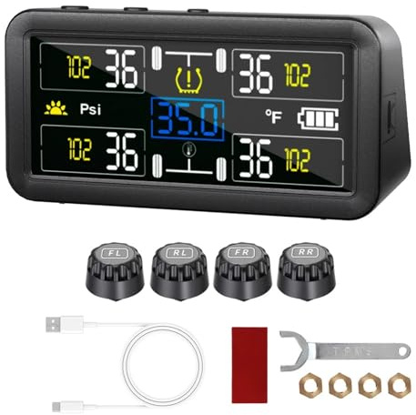 EHYSYN Monitor della Pressione dei Pneumatici Allarme Pressione Pneumatici Auto TPMS Solare Impermeabile 4/6 sensori Esterni Display LCD Digitale 0~9,9 Bar Camion Camper(4 Sensor External)