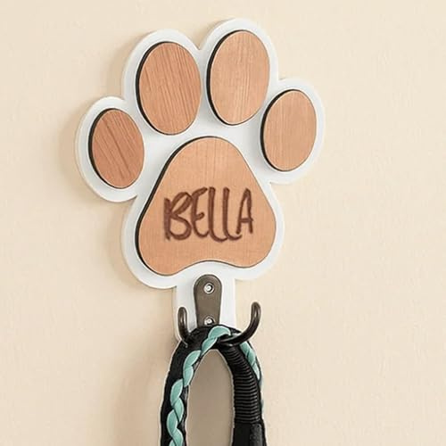 miguha Personalisierter Wandhaken aus Massivholz mit Pfotenabdruck, personalisierter Hundeschlüssel- und Leinenhalter mit Namen, Wandgarderobenhaken aus Holz(White)