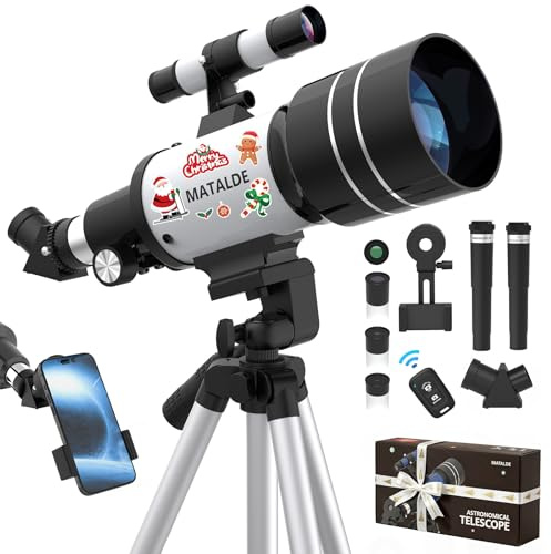 Telescopio per principianti, rifrattore astronomico con apertura da 70 mm con lunghezza focale di 300 mm, ingrandimento 15X-150X, treppiede, adattatore per telefono, telecomando wireless