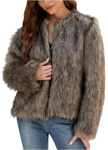 Damen Kurz Pelzmantel Rundhalsausschnitt Felljacke Elegant Einfarbig Kunstpelze Jacke Kunstfell Mantel Dicke Warme Winterjacke Langarm Fellmantel Übergangsjacke Große Größen Winter Pelzjacke