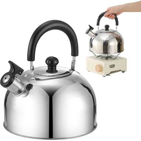 Bouilloire avec sifflet en acier inoxydable - Bouilloire de camping 2L/3L à | Pour cuisinières à gaz et induction | Poignée pliante en ABS, conception hémisphérique pour usage domestique et