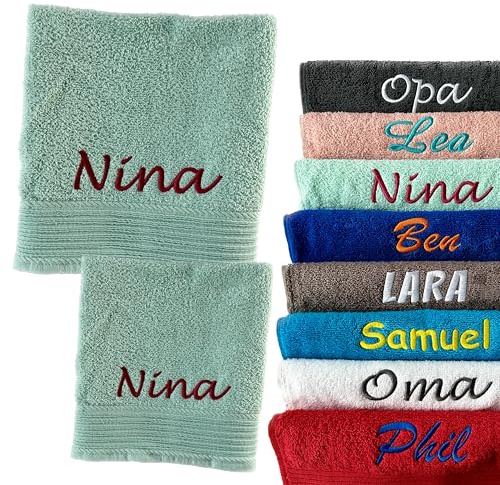 Schnoschi Handtuch 2er Set mintgrün 50 x 100 cm Duschhandtuch und 70 x 140 Badehandtuch personalisiert mit Namen, Motiv, Initialen oder Wunschtext Bestickt, 100% Baumwolle, 450 g/m²