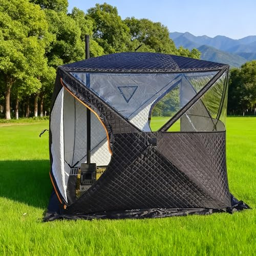 3–4 Person Insulated Ice Fishing Shelter – Upgraded Chimney Stove Jack, Thermal 210D Oxford & Fiberglass Frame, 2 Doors 3 TPU Large Windows, Foldable Ice Fishing Tent with Mat, Sauna Tent