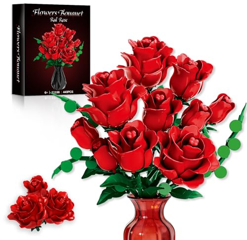 Red Rose Bouquet Building Blocks Set - Lego Compatible 12Pcs Flowers Botanical Collection Kit with Mixed Roses & Leaves,Valentines Gifts for Adults Women Mom Wife Couple Home Decor (No Vase)